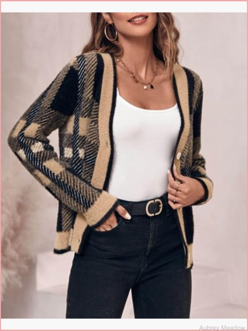 Plaid Fuzzy Knit V-Neck Button Down Cardigan Sweater Cozy Long Sleeve - Picture 4 of 7